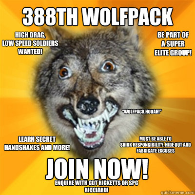 388th WOLFPACK JOIN NOW! Be part of 
a super 
elite group! learn secret 
handshakes and more! must be able to 
shirk responsibility, hide out and 
fabricate excuses high drag, 
low speed soldiers 
wanted! enquire with cdt ricketts or spc ricciardi 