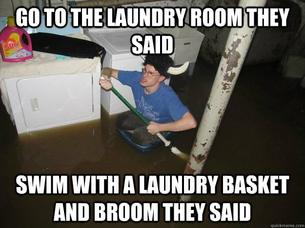 Go to the laundry room They said Swim with a laundry basket and broom they said  Laundry viking