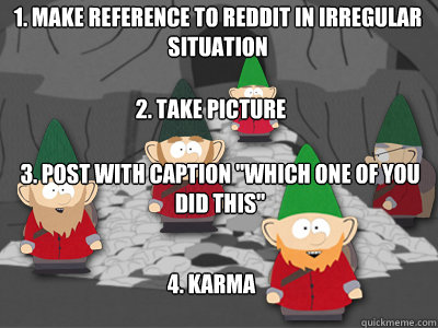 1. Make reference to reddit in irregular situation 3. Post with caption 
