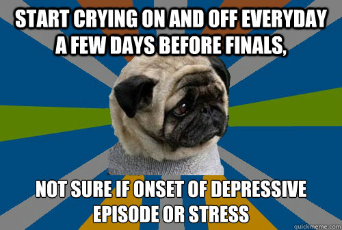 Start crying on and off everyday a few days before finals, Not sure if onset of depressive episode or stress  Clinically Depressed Pug