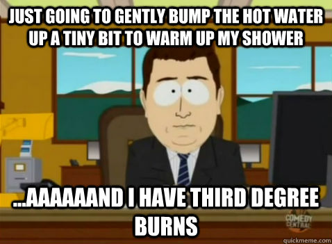 Just going to gently bump the hot water up a tiny bit to warm up my shower ...aaaaaand i have third degree burns  South Park Banker