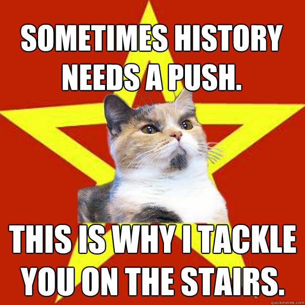 Sometimes history needs a push. This is why I tackle you on the stairs.  Lenin Cat