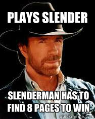 Plays slender Slenderman has to find 8 pages to win  