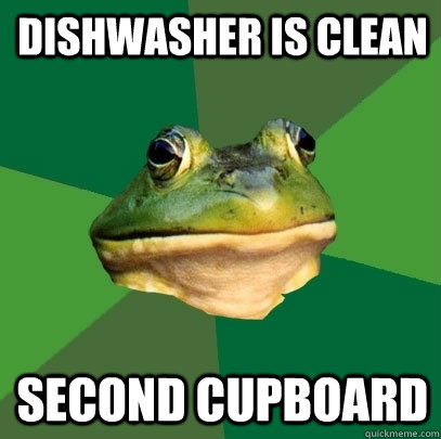 Dishwasher is clean second cupboard  Foul Bachelor Frog