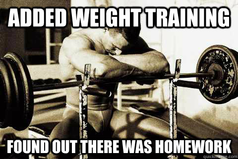 added weight training found out there was homework  sad gym rat