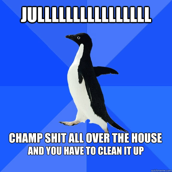 JULLLLLLLLLLLLLLLL Champ shit all over the house  and you have to clean it up    Socially Awkward Penguin