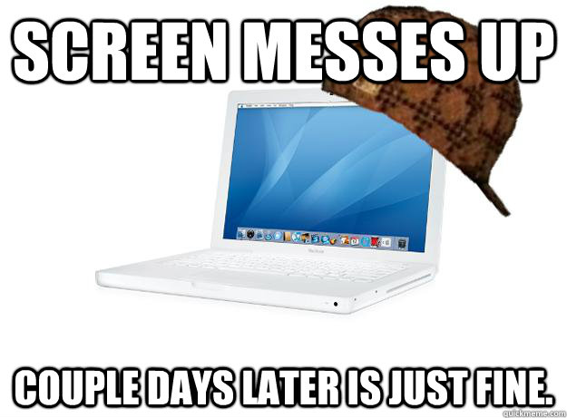 Screen Messes up  Couple days later is just fine.  SCUMBAG LAPTOP