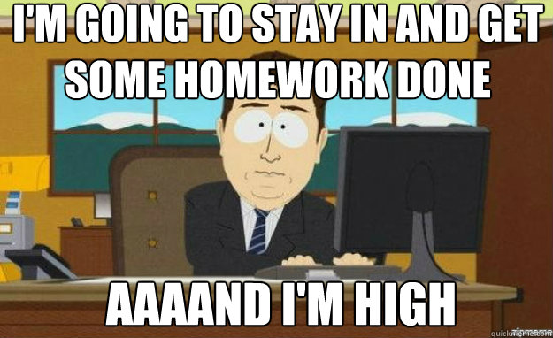 I'm going to stay in and get some homework done AAAAND I'm high  aaaand its gone