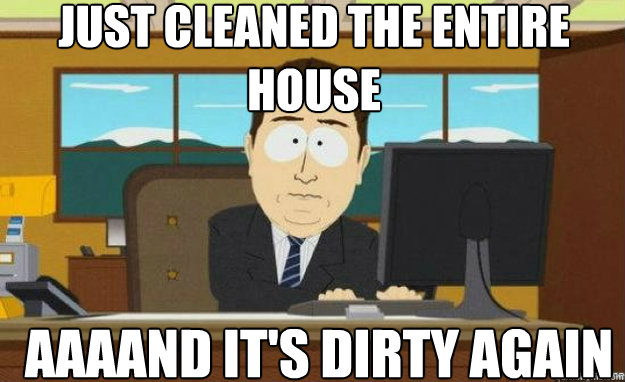 Just cleaned the entire house AAAAND It's dirty again  aaaand its gone