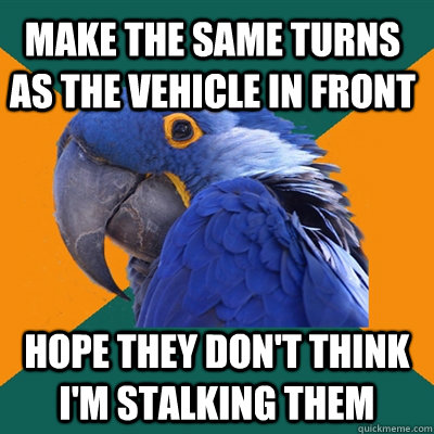 Make the same turns as the vehicle in front Hope they don't think I'm stalking them - Make the same turns as the vehicle in front Hope they don't think I'm stalking them  Paranoid Parrot