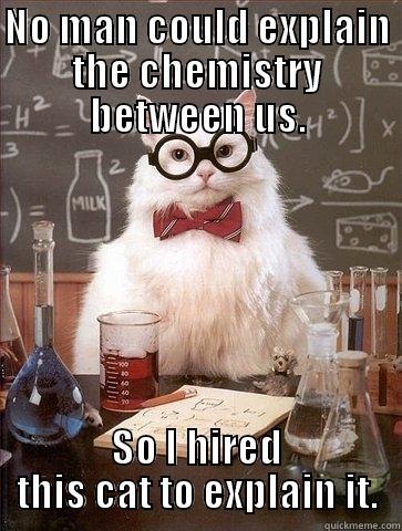 NO MAN COULD EXPLAIN THE CHEMISTRY BETWEEN US. SO I HIRED THIS CAT TO EXPLAIN IT. Chemistry Cat