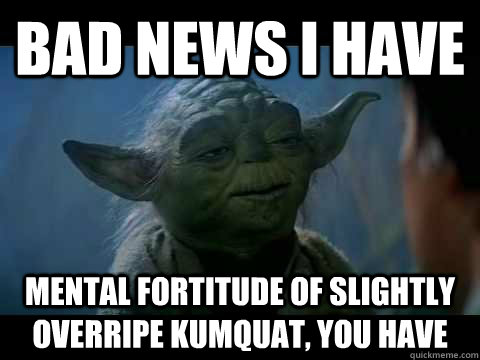 Bad news I have Mental fortitude of slightly overripe kumquat, you have  
