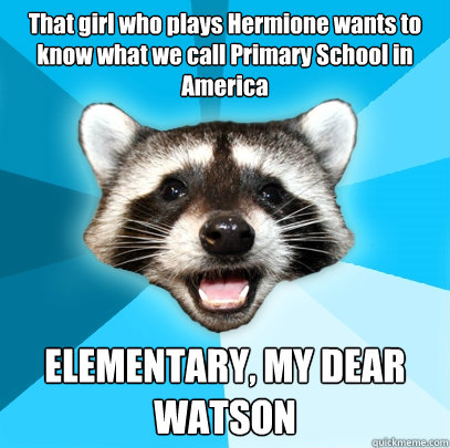That girl who plays Hermione wants to know what we call Primary School in America ELEMENTARY, MY DEAR WATSON  Lame Pun Coon