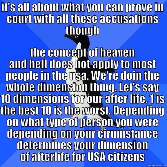 IT'S ALL ABOUT WHAT YOU CAN PROVE IN COURT WITH ALL THESE ACCUSATIONS THOUGH THE CONCEPT OF HEAVEN AND HELL DOES NOT APPLY TO MOST PEOPLE IN THE USA. WE'RE DOIN THE WHOLE DIMENSION THING. LET'S SAY 10 DIMENSIONS FOR OUR AFTER LIFE. 1 IS THE BEST 10 IS THE WORST. DEPENDING ON WHAT TYPE OF PERSON YOU WERE DEPENDING ON YOUR CIRUMSTAN Socially Awkward Penguin