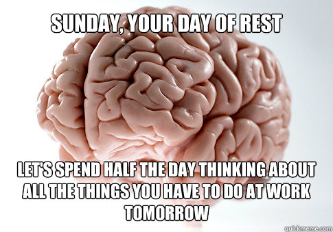 Sunday, your day of rest Let's spend half the day thinking about all the things you have to do at work tomorrow  Scumbag Brain