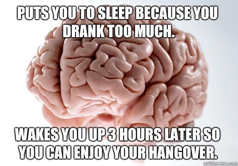 Puts you to sleep because you drank too much. Wakes you up 3 hours later so you can enjoy your hangover.  Scumbag Brain