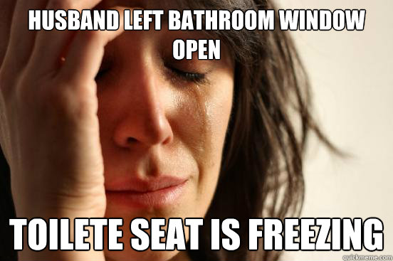 Husband left bathroom window open Toilete seat is freezing
  First World Problems