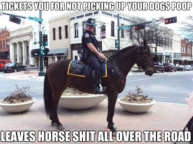 Tickets you for not picking up your dogs poop Leaves horse shit all over the road - Tickets you for not picking up your dogs poop Leaves horse shit all over the road  Horse Cop