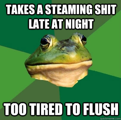 Takes a steaming shit late at night Too tired to flush  Foul Bachelor Frog