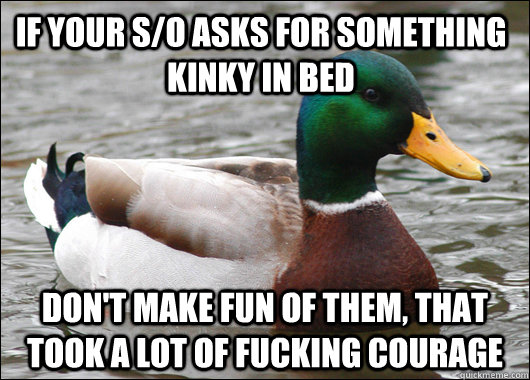 If your S/o asks for something kinky in bed don't make fun of them, that took a lot of fucking courage - If your S/o asks for something kinky in bed don't make fun of them, that took a lot of fucking courage  Actual Advice Mallard