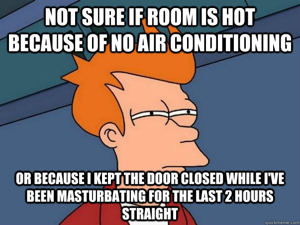 Not sure if room is hot because of no air conditioning or because I kept the door closed while I've been masturbating for the last 2 hours straight  Not sure Fry