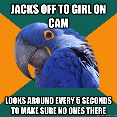 Jacks off to girl on cam looks around every 5 seconds to make sure no ones there  Paranoid Parrot