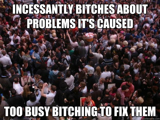 Incessantly bitches about problems it's caused Too busy bitching to fix them  