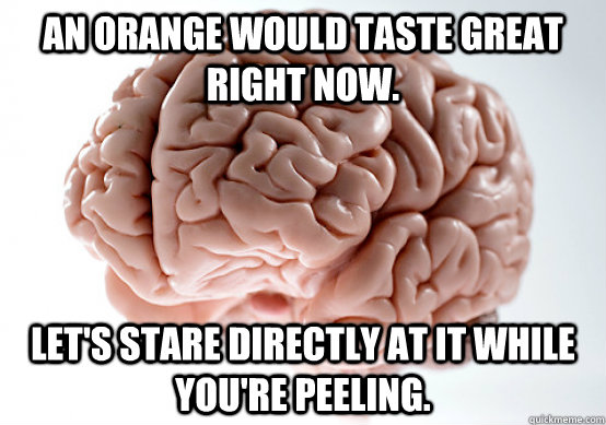 An orange would taste great right now. Let's stare directly at it while you're peeling.  - An orange would taste great right now. Let's stare directly at it while you're peeling.   Scumbag Brain I almost puked