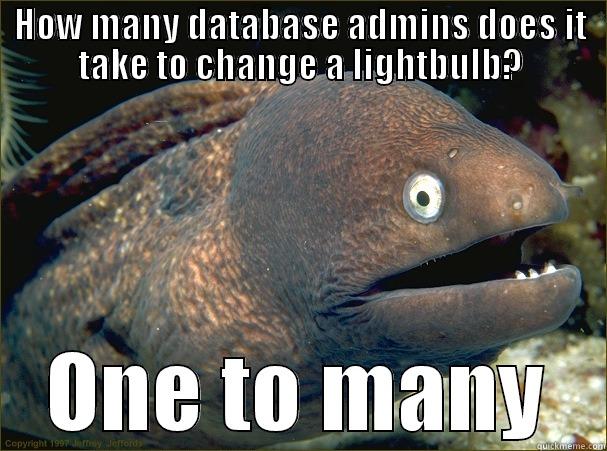 HOW MANY DATABASE ADMINS DOES IT TAKE TO CHANGE A LIGHTBULB? ONE TO MANY Bad Joke Eel