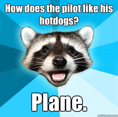 How does the pilot like his hotdogs? Plane.  Lame Pun Coon