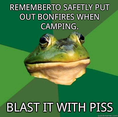 Rememberto safetly put out bonfires when camping. Blast it with piss  Foul Bachelor Frog