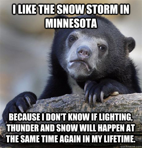 I like the Snow Storm in Minnesota Because I don't know if lighting, thunder and snow will happen at the same time again in my lifetime.  - I like the Snow Storm in Minnesota Because I don't know if lighting, thunder and snow will happen at the same time again in my lifetime.   Confession Bear