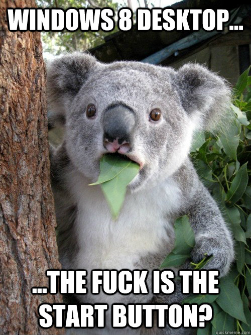 Windows 8 desktop... ...the fuck is the start button?  koala bear