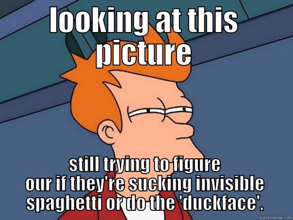 what is this - LOOKING AT THIS PICTURE STILL TRYING TO FIGURE OUR IF THEY'RE SUCKING INVISIBLE SPAGHETTI OR DO THE 'DUCKFACE'. Futurama Fry