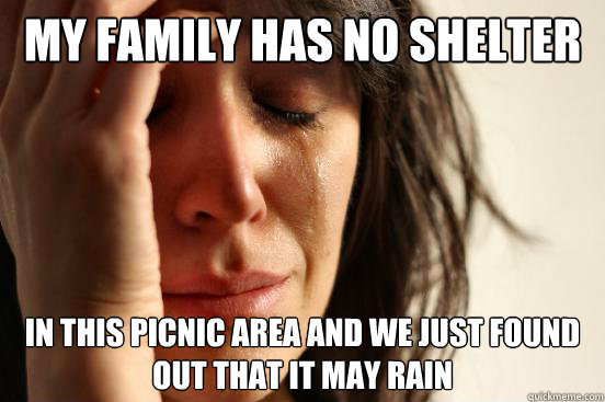 MY FAMILY HAS NO SHELTER IN THIS PICNIC AREA AND WE JUST FOUND OUT THAT IT MAY RAIN  First World Problems
