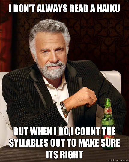 I don't always read a haiku BUT WHEN I DO,I count the syllables out to make sure its right    Dos Equis man
