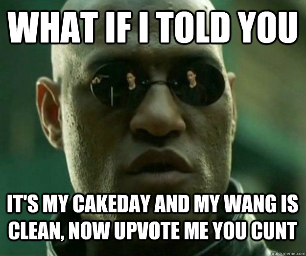 WHAT IF I TOLD YOU it's my cakeday and my wang is clean, now upvote me you cunt  Hi- Res Matrix Morpheus