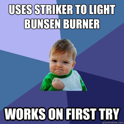 Uses striker to light Bunsen burner Works on first try - Uses striker to light Bunsen burner Works on first try  Success Kid