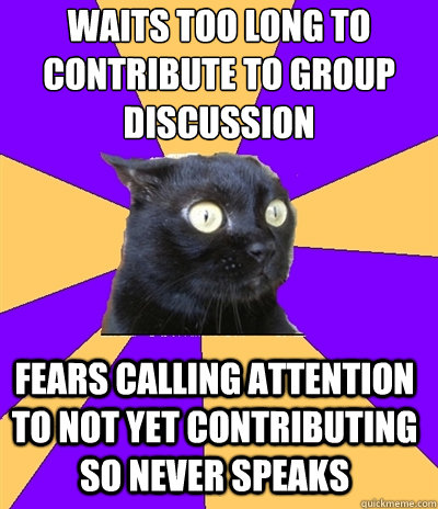 waits too long to contribute to group discussion  fears calling attention to not yet contributing so never speaks     Anxiety Cat