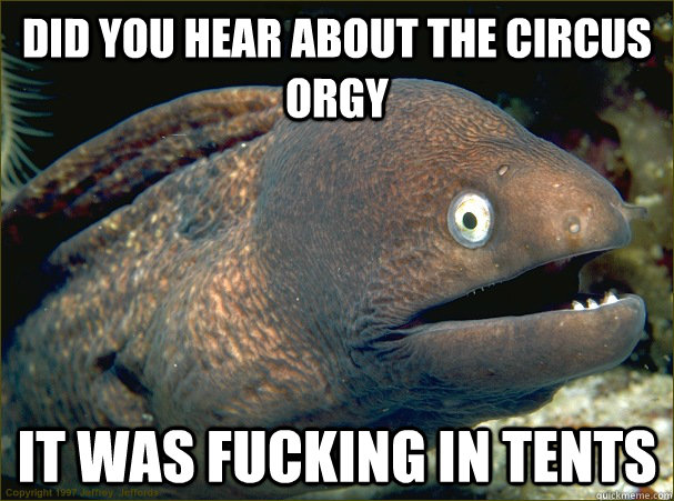 did you hear about the circus orgy it was fucking in tents - did you hear about the circus orgy it was fucking in tents  Bad Joke Eel