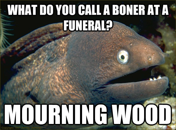 what do you call a boner at a funeral? Mourning wood  Bad Joke Eel