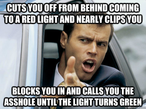 cuts you off from behind coming to a red light and nearly clips you blocks you in and calls you the asshole until the light turns green  Asshole driver