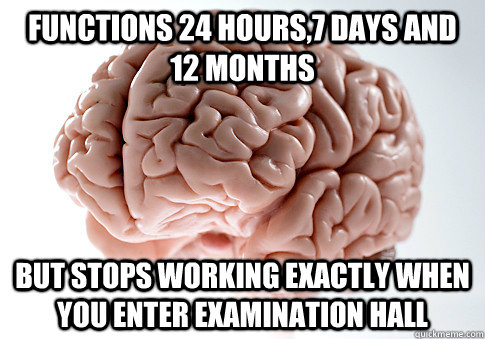 Functions 24 hours,7 days and 12 months   but stops working exactly when you enter examination hall  Scumbag Brain
