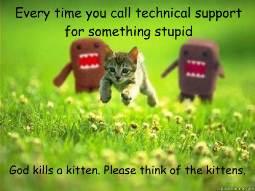 Every time you call technical support for something stupid God kills a kitten. Please think of the kittens.  