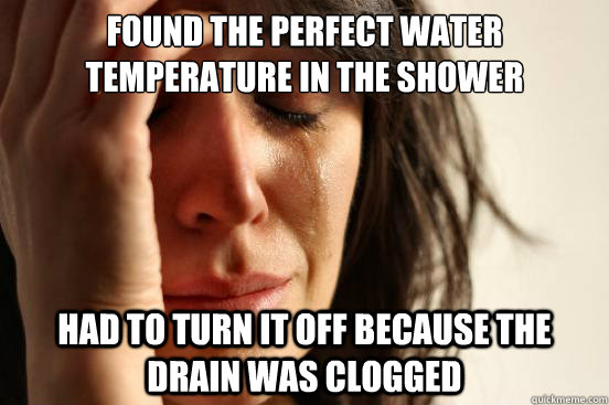 Found the perfect water temperature in the shower Had to turn it off because the drain was clogged  First World Problems