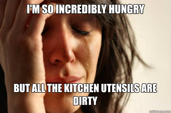 I'm so incredibly hungry but all the kitchen utensils are dirty Caption 3 goes here  First World Problems