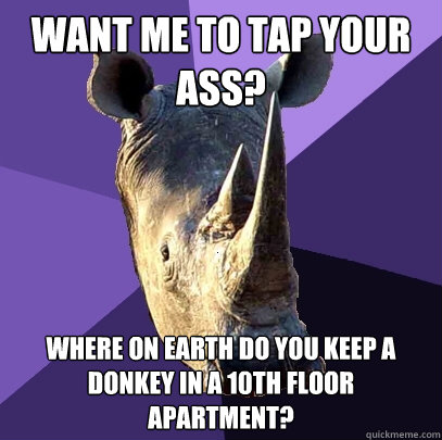 want me to tap your ass? where on earth do you keep a donkey in a 10th floor apartment?  Sexually Oblivious Rhino