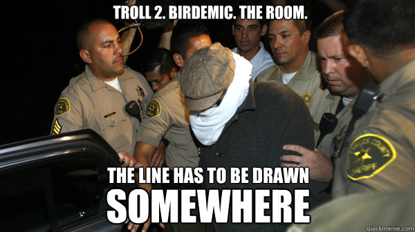 TROLL 2. Birdemic. THE ROOM.  THE LINE HAS TO BE DRAWN  SOMEWHERE  Defend the Constitution