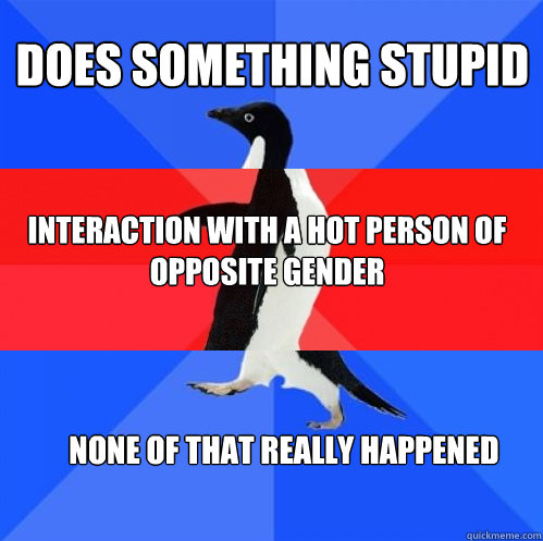 does something stupid interaction with a hot person of opposite gender none of that really happened  Socially Awkward Awesome Awkward Penguin