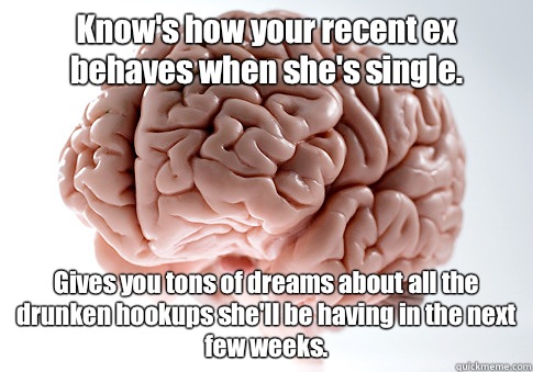 Know's how your recent ex behaves when she's single.  Gives you tons of dreams about all the drunken hookups she'll be having in the next few weeks.   Scumbag Brain